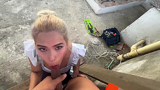Builder fucks boss's blonde wife on outdoor deck - Ann Rides & Angel Cruz