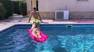 Neighbor's mom gets bent over in the pool, gets fucked doggy style and takes it like mommy!