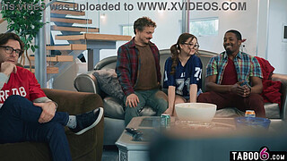 BBW stepdaughter Leana Lovings fucks stepdads friends during the game