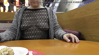 Hairy mature show pussy in restaurant