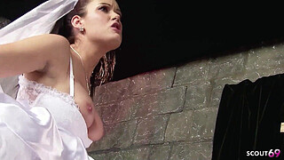 Frustrated Bride in white Dress and Nylon Stockings seduce to Risky Fuck at Church