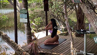 Doing yoga with my swimsuit all bunched up in my pussy, showing off like a total slut to the neighbors.