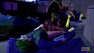 A battle between the criminal and the blonde and brunette milfs with fake boobs turns into group sex