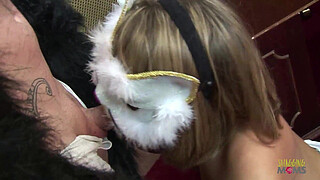 Alleged rabbit thief milf gets disciplined by having group sex with men in monkey outfits and the blondie