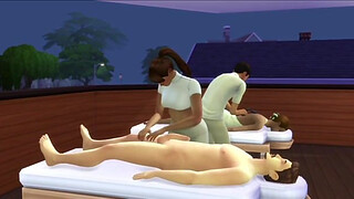 Hot and young masseusse gives bjs and hjs and gets spitroasted by her clients