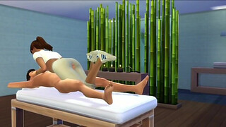 Hot and young masseusse gives bjs and hjs and gets spitroasted by her clients