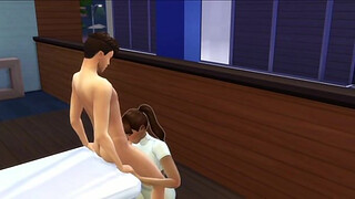 Hot and young masseusse gives bjs and hjs and gets spitroasted by her clients