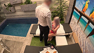 The waiter catches me in sexy lingerie at the pool and I surprise him by giving him a blowjob until he cums in my mouth