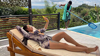 My boss's wife asks me for a massage in the pool and ends up with my big black cock in her mouth!