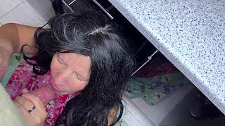 The stepmom got stuck in the washing machine and screamed for help, the stepson pulled her out, but first fucked her hard in anal, then she sucked and got cum on her face