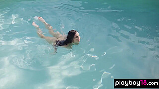 Classy big tits brunette beauty Kaitlynn Anderson relaxing nude by the pool