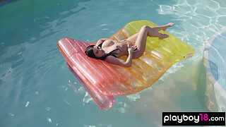 Classy big tits brunette beauty Kaitlynn Anderson relaxing nude by the pool