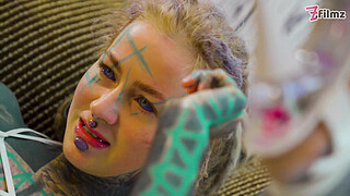 Tattooed Anal Queen in White Lingerie Fingers Herself Senseless