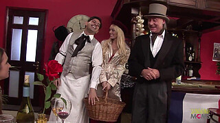 Two blonde milfs and a brunette with an amazing ass are sharing two big dicks in group sex