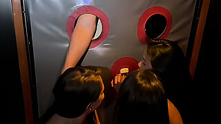 Four naughty sisters go to a swingers club and have sex with strangers without condoms in the glory hole, including cum in their vaginas - full version on Red