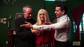 A mature guy arranges a sex party with his horny friend to busty blondes and a hot brunette