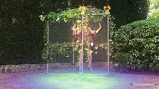 Outdoor threesome between two guys in costumes and a horny cock sucking blonde milf