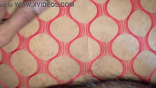 After masturbating, I take my wife bent over in lingerie and give her double penetration with a dildo, she moans with pleasure and I cum inside her, and all my semen stays inside.