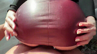 Our homemade porn! A girl with a big ass in a leather skirt loves sex. Cum on her skirt.