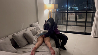 A masked stranger ties me by the neck and makes me suck her strap-on