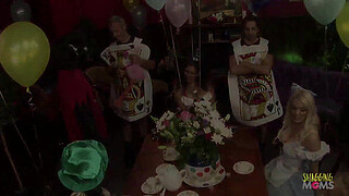 A couple of busty milfs dressed up in costumes have their dirty pussies filled with big cocks