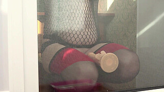 A neighbor watches through the window, as a MILF fucks herself with a dildo by the balcony door. Beautiful ass in doggy style.