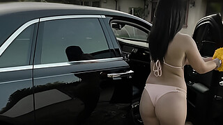 Sexy big tits babes washing luxurious car and posed wet and sexy in bikini