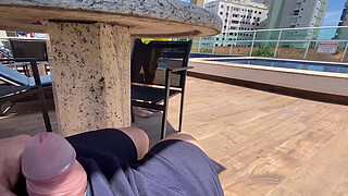 Milf caught me jerking off at public pool and helped me cum.