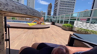 Milf caught me jerking off at public pool and helped me cum.