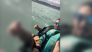 Young slut left her husband on the beach and had sex with the instructor on the jet ski.