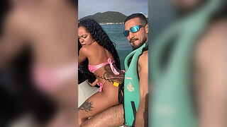 Young slut left her husband on the beach and had sex with the instructor on the jet ski.