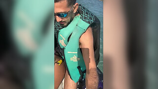 Young slut left her husband on the beach and had sex with the instructor on the jet ski.