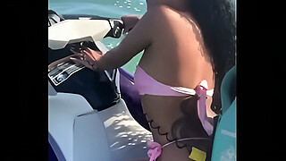 Young slut left her husband on the beach and had sex with the instructor on the jet ski.