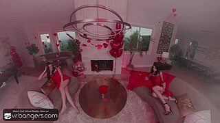 VR Bangers: Two Horny Brunettes in Lingerie Suck and Fuck Cupid in an FFM Threesome on Valentine’s Day