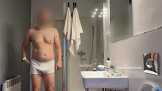 Three of us in the bathroom. He is jerking in shower front of my step Mom. Family use. Voyeur.