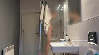 Three of us in the bathroom. He is jerking in shower front of my step Mom. Family use. Voyeur.