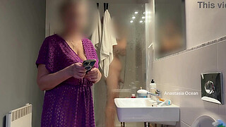 Three of us in the bathroom. He is jerking in shower front of my step Mom. Family use. Voyeur.