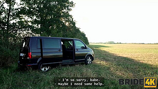 BRIDE4K. Threesome with sexy teen bride with natural tits in the car