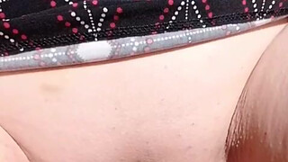 Maturemons, horny mature with top on and pants off squats outdoors to display gaping vagina