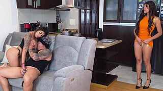 Horny stepmom enjoys her pussy while watching her stepson fucking. She gets fucked too!